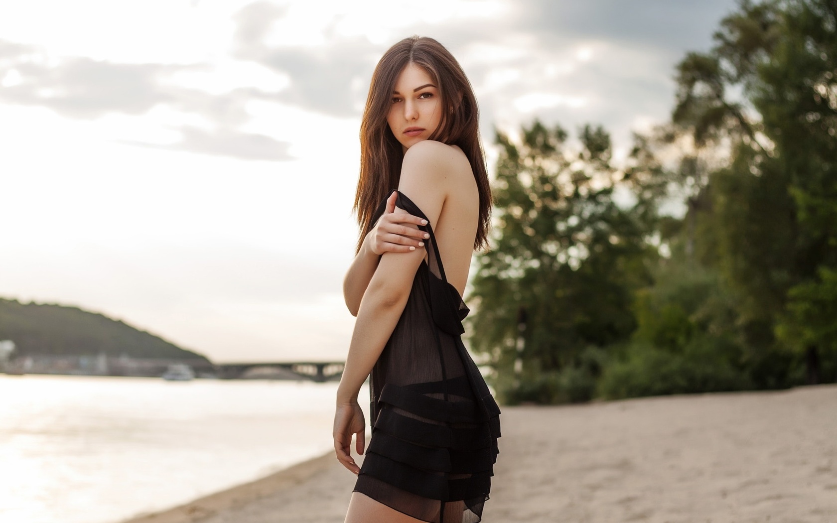 women, portrait, depth of field, black dress, see-through clothing, women outdoors, sand, wom