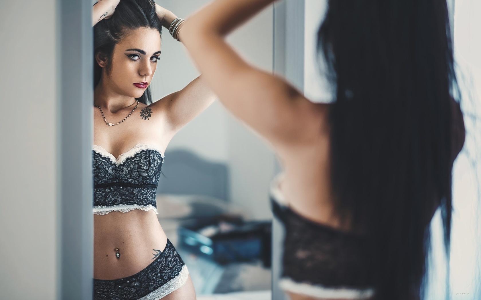 women, tanned, lingerie, belly, pierced navel, mirror, reflection, tattoo