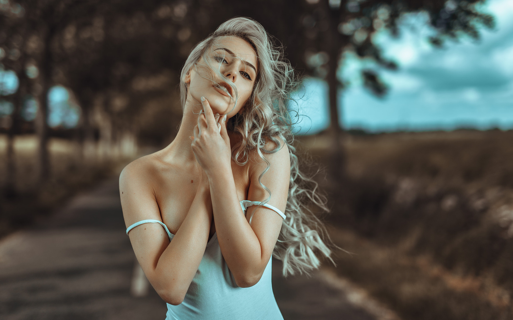 women, portrait, blonde, depth of field, road, trees, emilie michaelsen