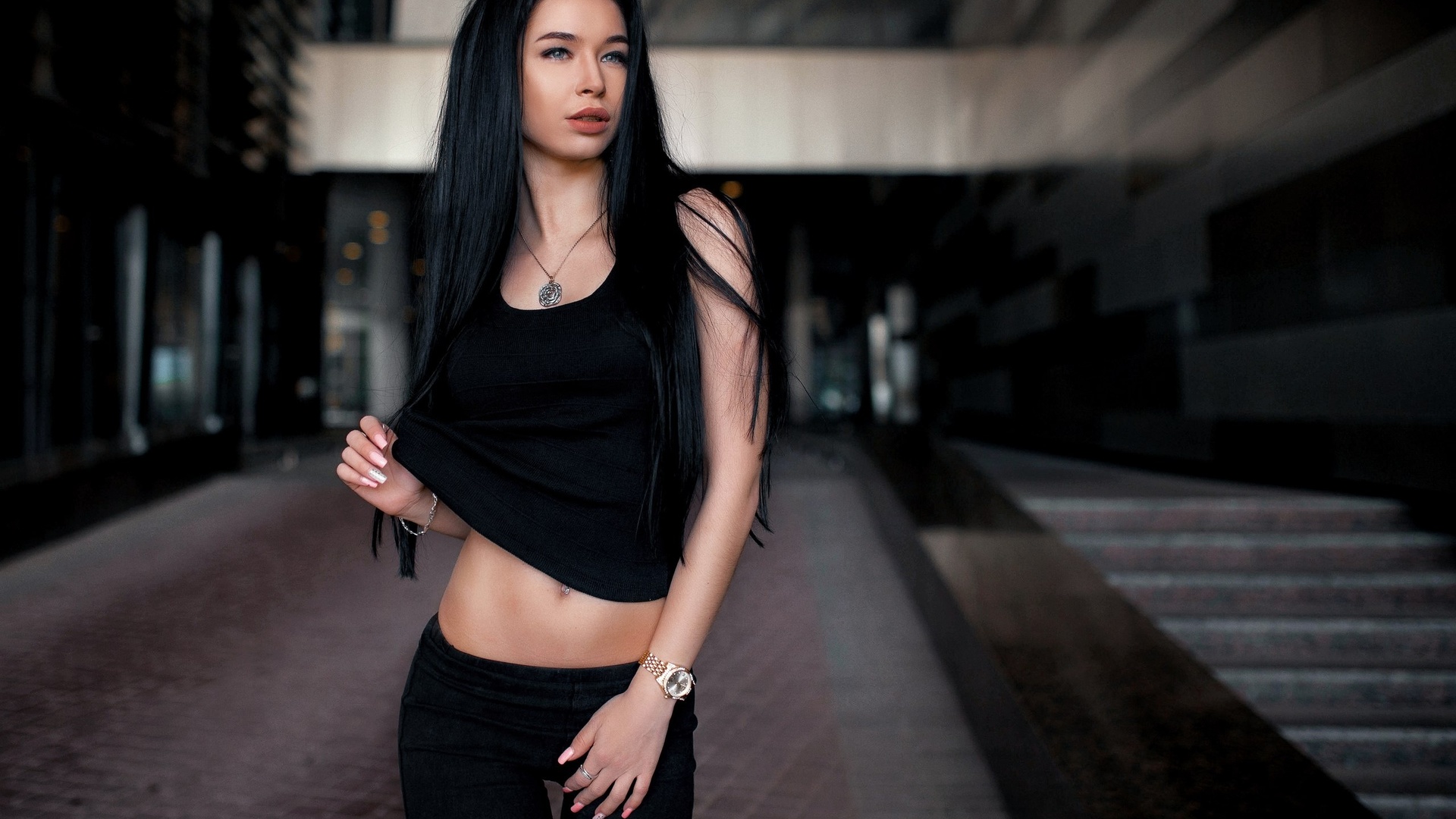 women, portrait, brunette, black hair, t-shirt, pierced navel, necklace, pants, black clothing, belly, the gap, depth of field, , , ,  , , , ,  , 