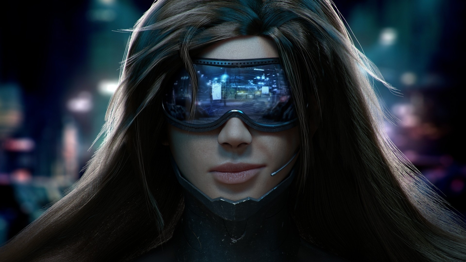 girl, face, glasses, cyberpunk, lips, microphone, hairs