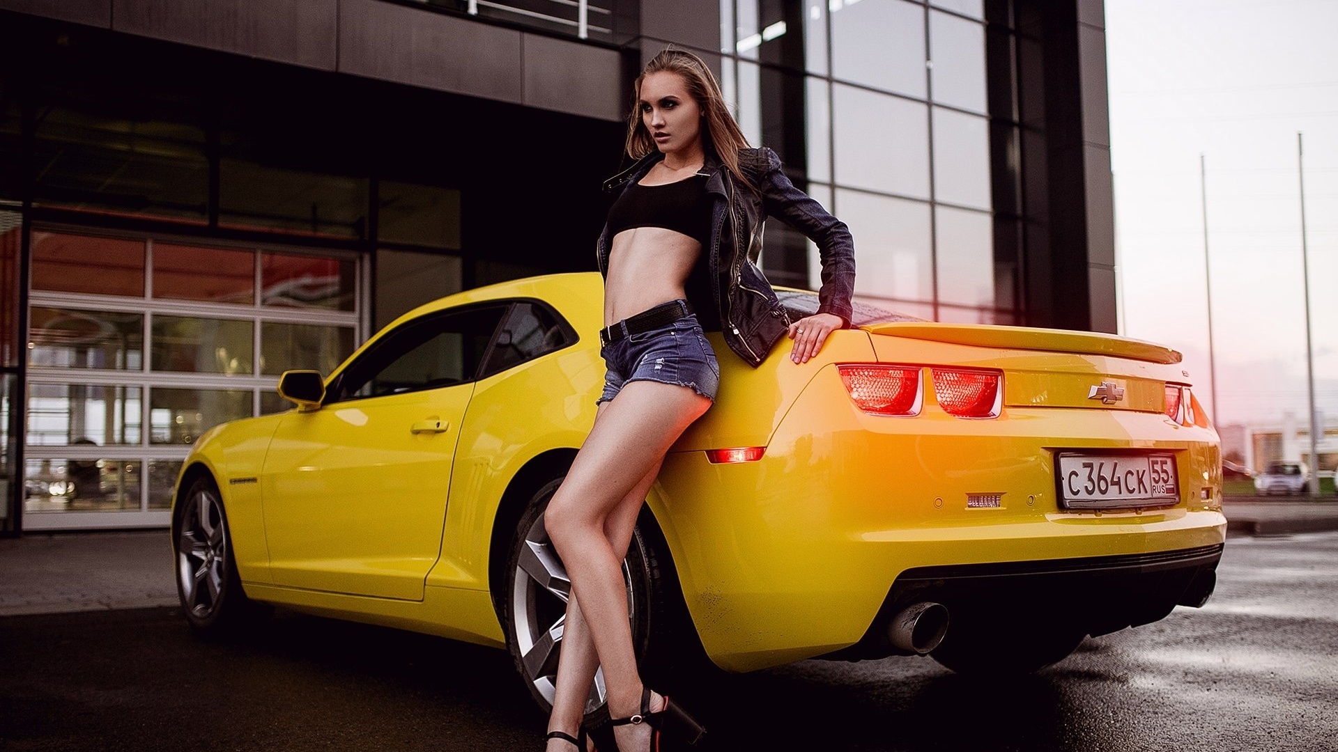 women, blonde, camaro, women outdoors, portrait, high heels, jean shorts, belly, leather jackets, brunette, depth of field, looking away, black top, car, , ,  , , ,  , , , , 