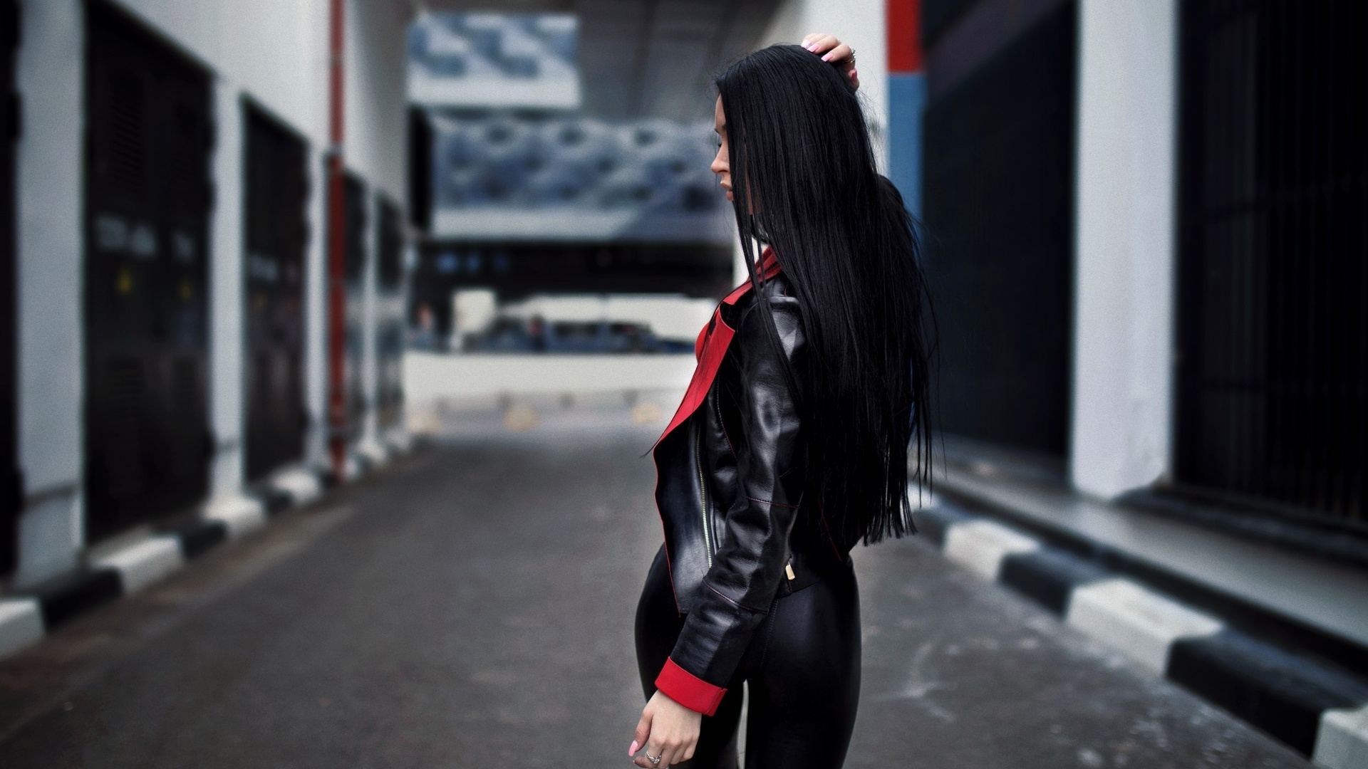 women, leather leggings, leather jackets, portrait, women outdoors, back, depth of field, , , , , ,   ,   