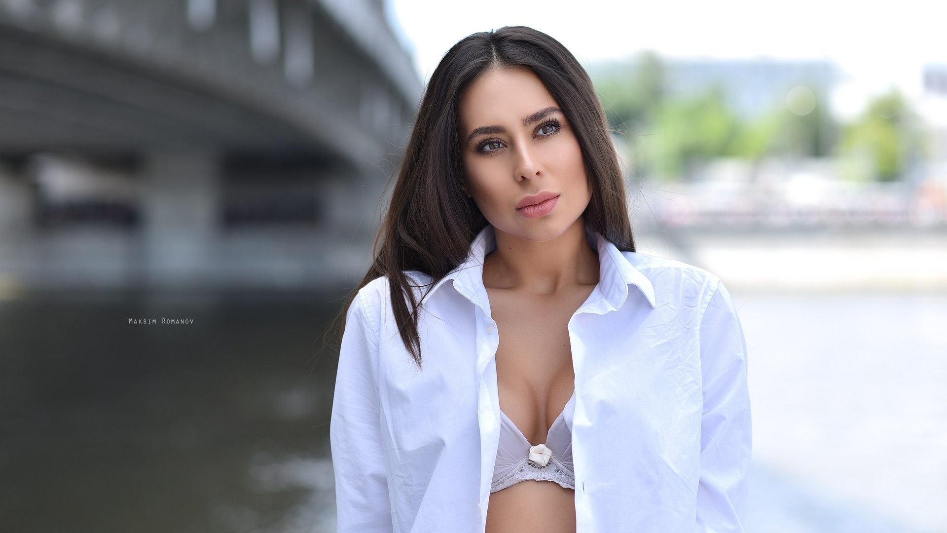 maksim romanov, women, portrait, white bra, shirt, depth of field, looking away, open shirt