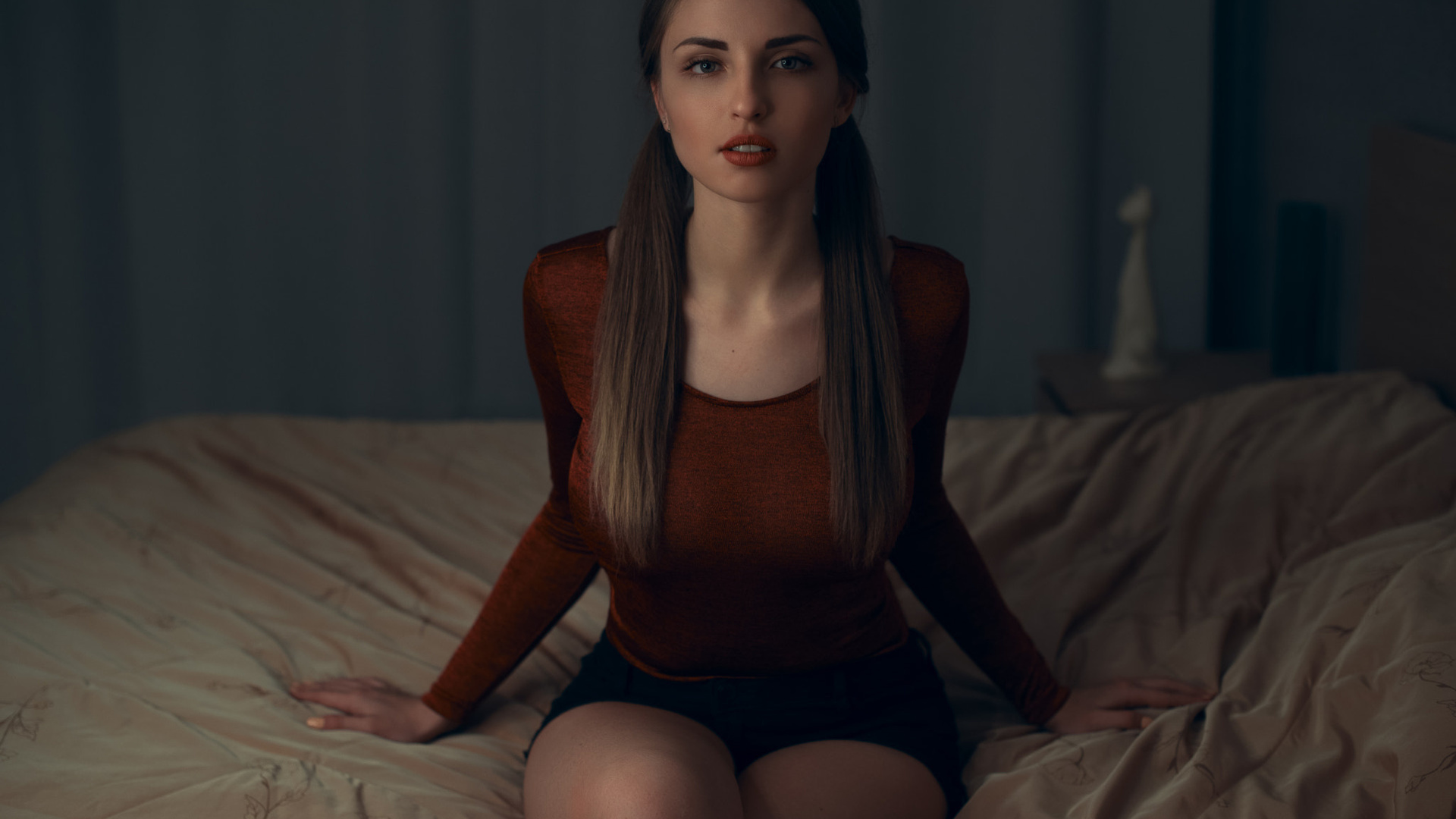 women, portrait, kneeling, pigtails, sitting, in bed