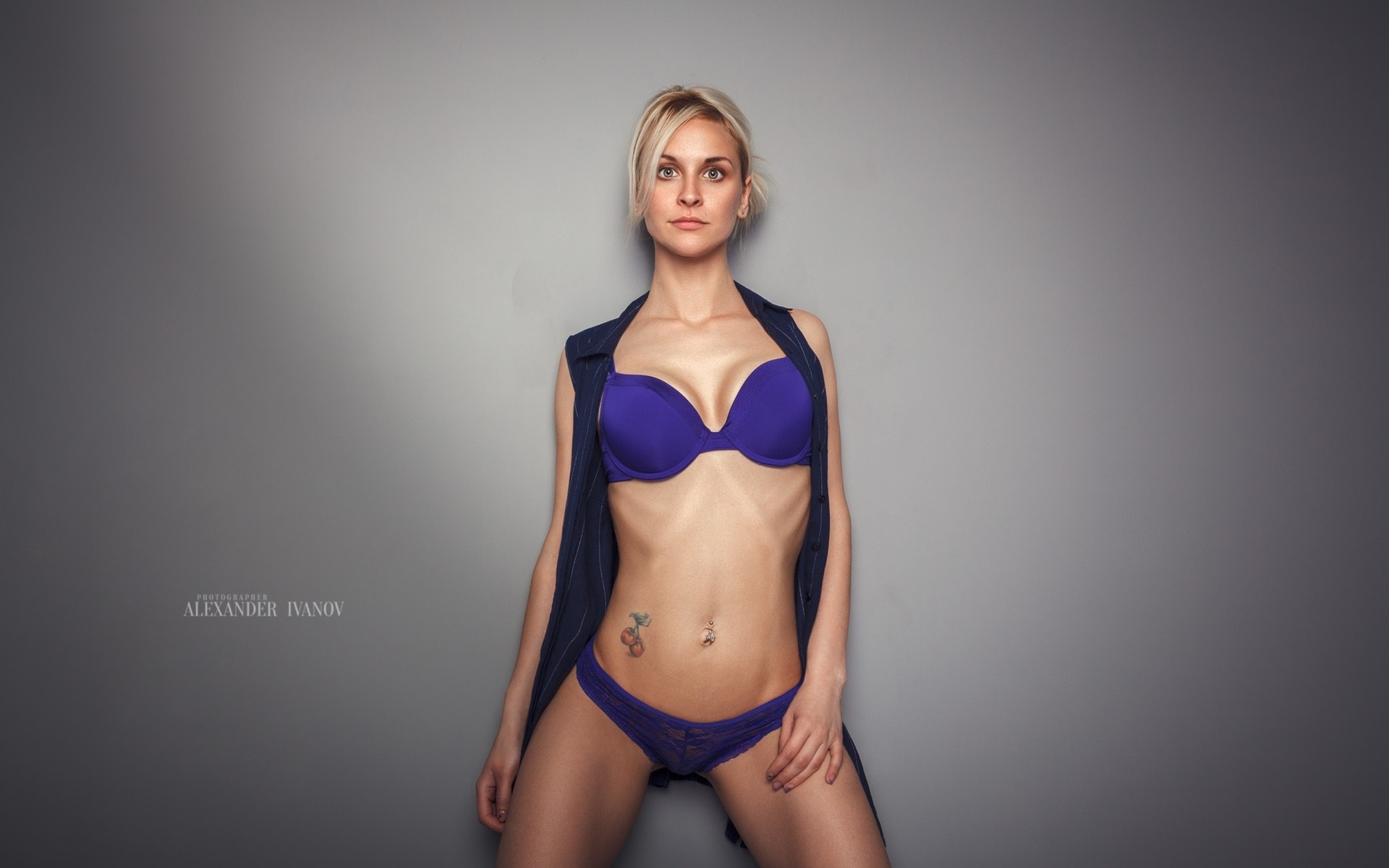 women, blonde, brunette, blue lingerie, ribs, portrait, simple background, pierced navel, belly, , ,  , , ,  ,  , 