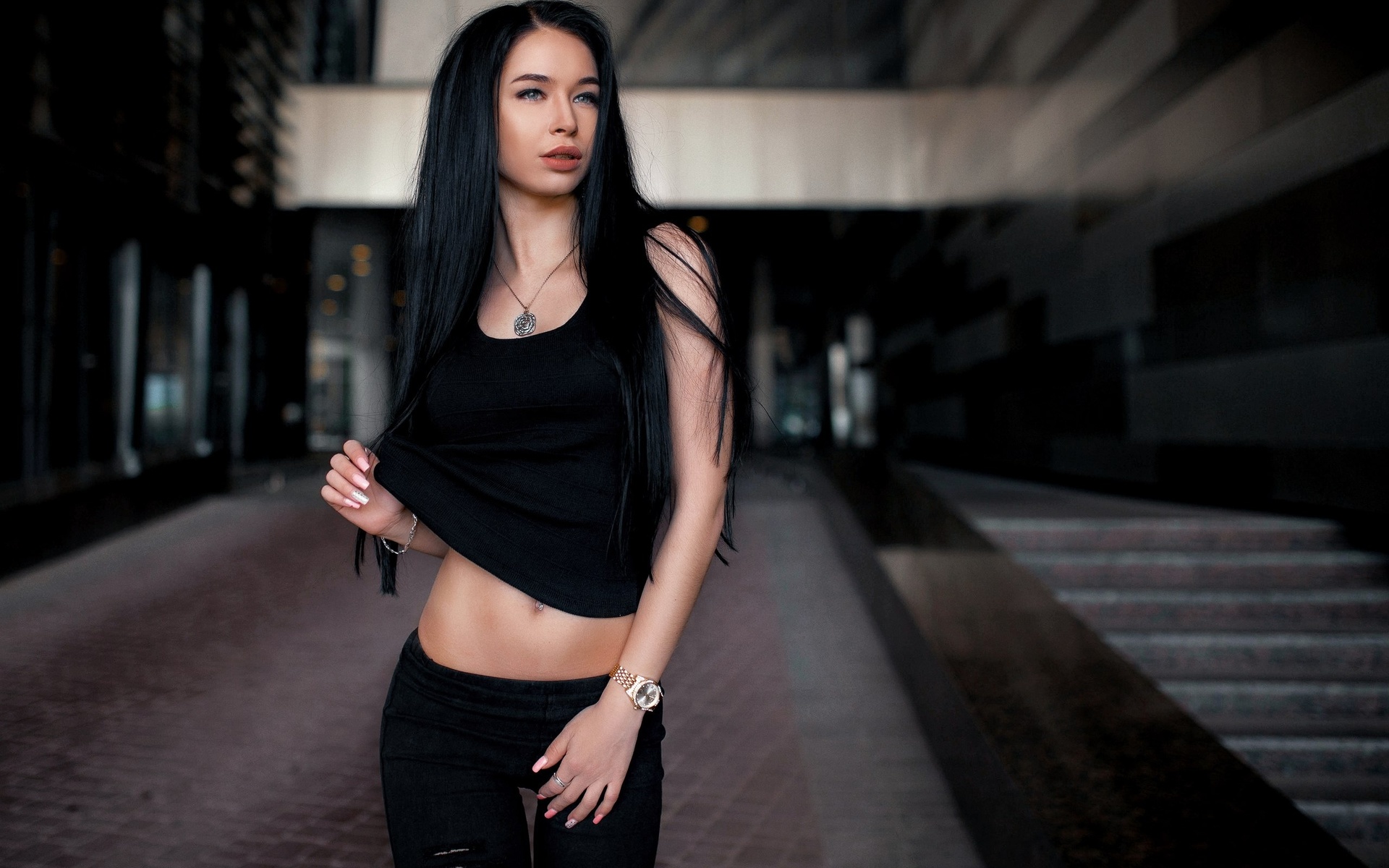 women, portrait, brunette, black hair, t-shirt, pierced navel, necklace, pants, black clothing, belly, the gap, depth of field, , , ,  , , , ,  , 