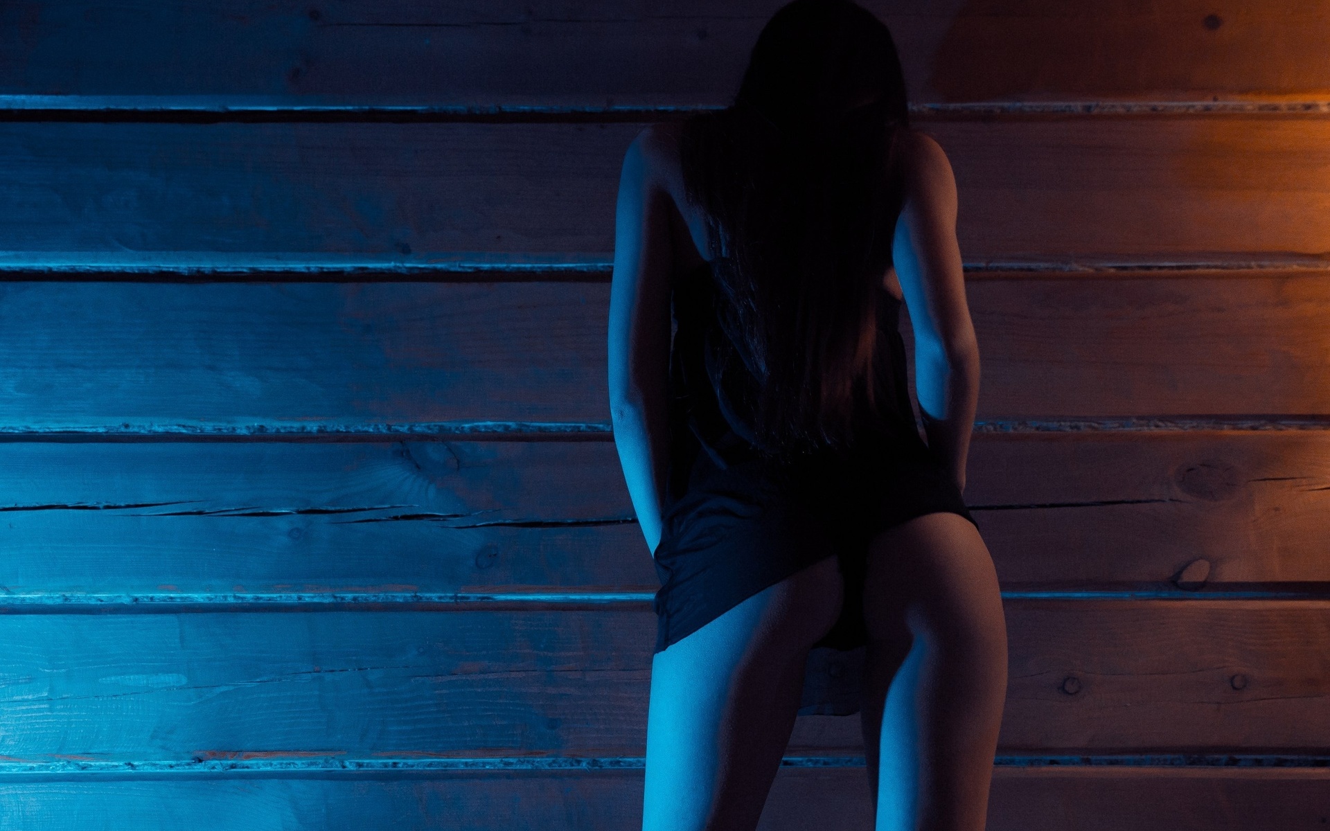 women, ass, tanned, back, wall, black panties, black dress, , , , , , ,  ,  