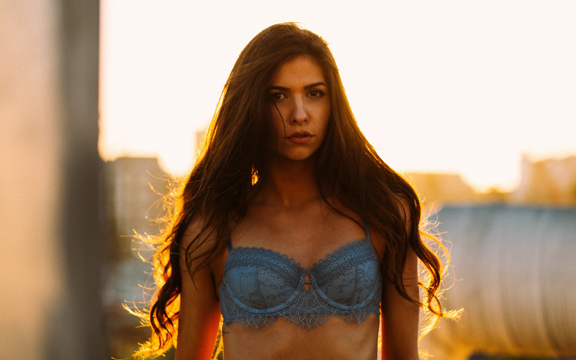 women, portrait, bra, sunset, pants, jeans, brunette, women outdoors, depth of field, rooftops, , , , , , ,   , 