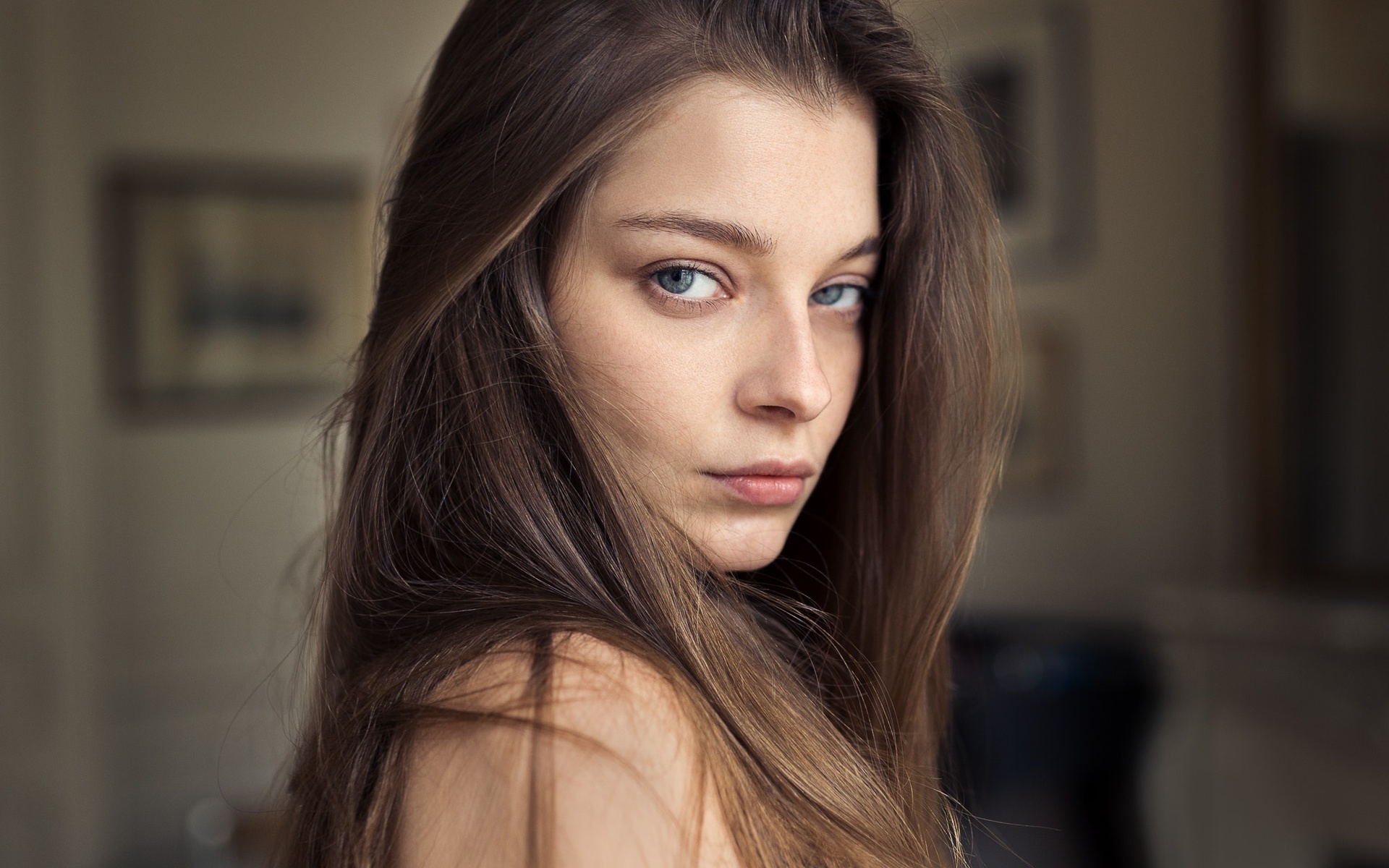 women, portrait, depth of field, face, gray eyes, , brunette, lips, , , , ,  , , 