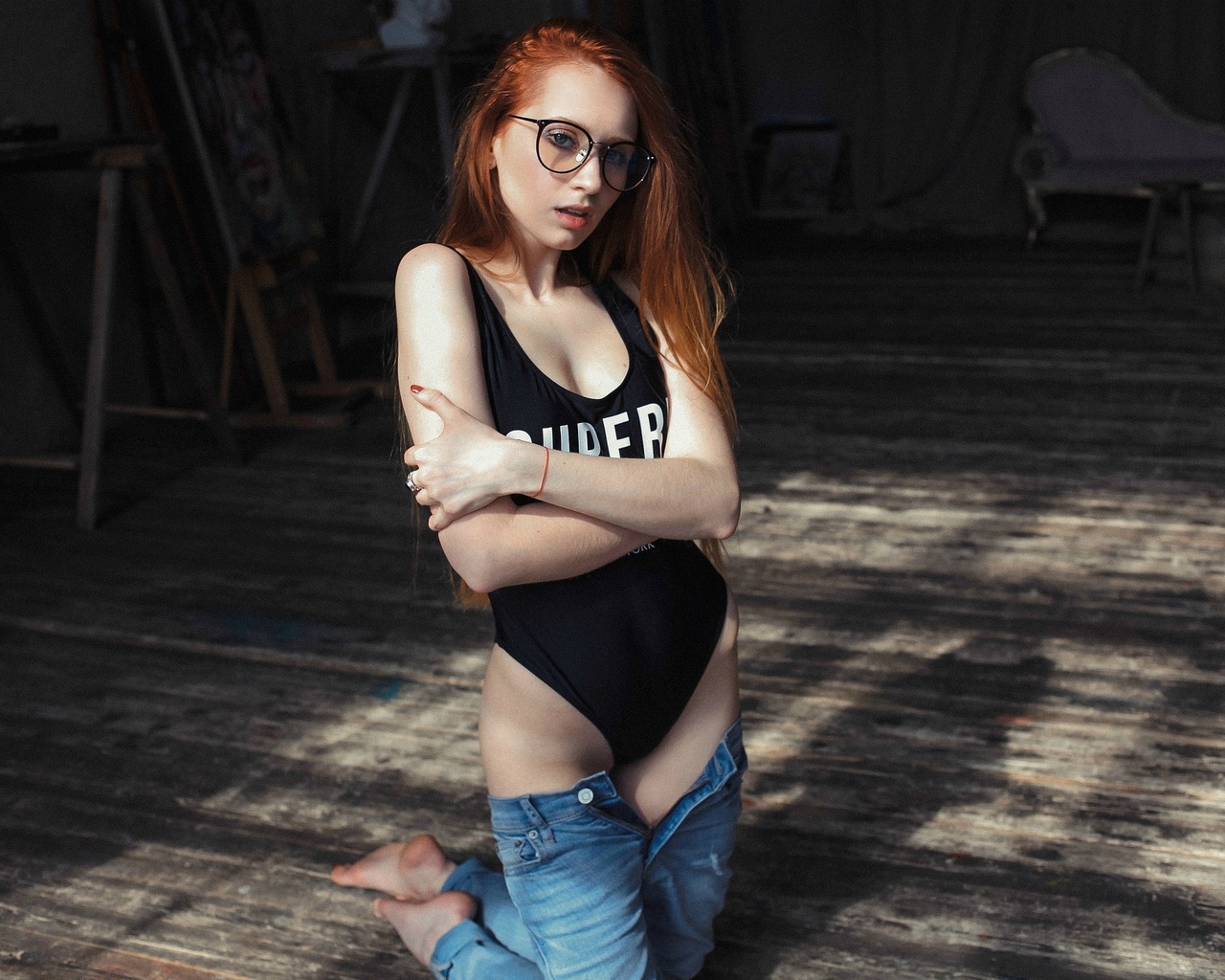 women, redhead, one-piece swimsuit, monokinis, women with glasses, on the floor, kneeling, red nails, pants, jeans, pants down, arms crossed, hips, portrait