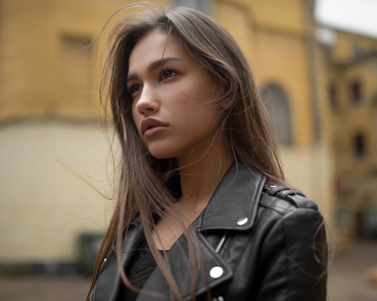 anastasia lis, women, portrait, leather jackets, depth of field, 