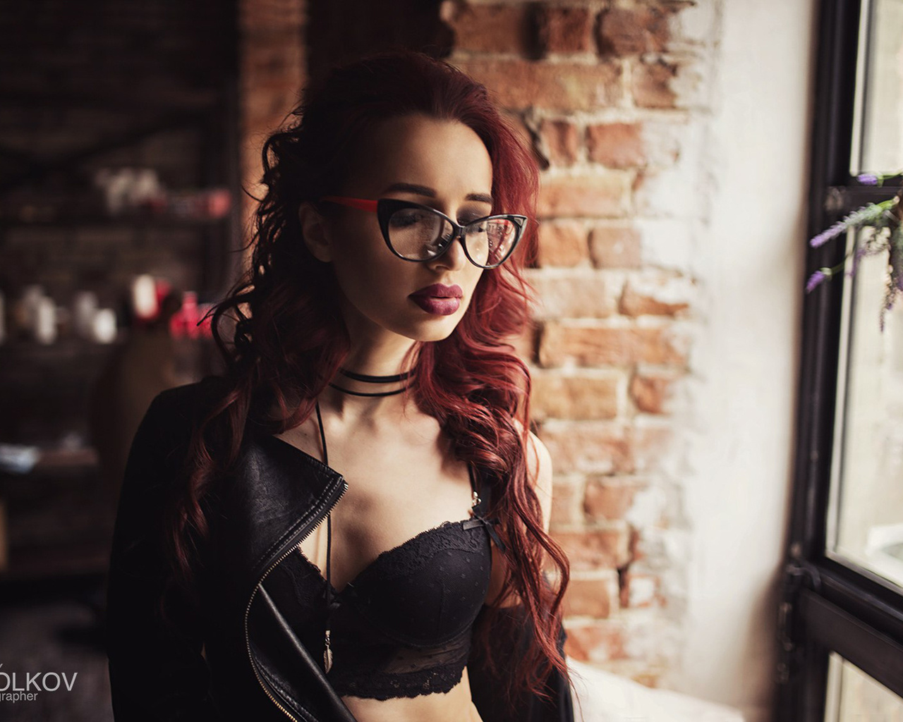 women, sergey volkov, portrait, black bras, women with glasses, redhead, tanned, closed eyes, depth of field