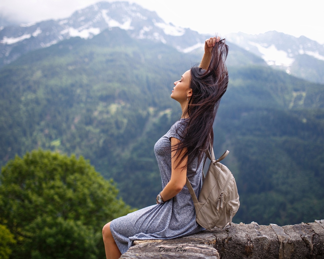 women, angelina petrova, model, dress, denis petrov, sitting, women outdoors, closed eyes, depth of field, mountains