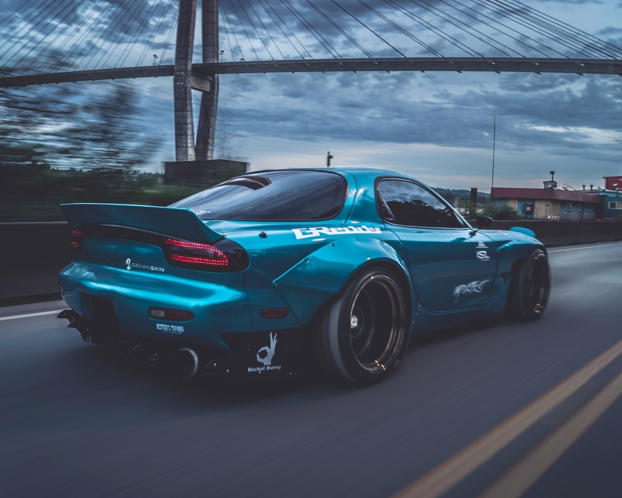 mazda, rx-7, blue, cars, bridge, rocket bunny