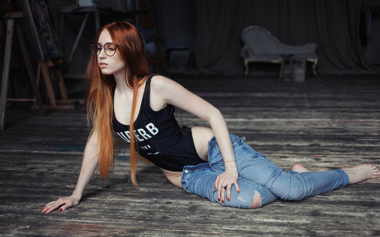 women, redhead, one-piece swimsuit, monokinis, women with glasses, on the floor, red nails, long hair, pants, torn jeans, pants down, hips