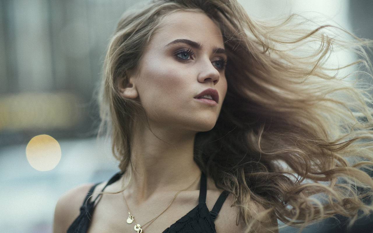 women, blonde, portrait, necklace, depth of field, blue eyes