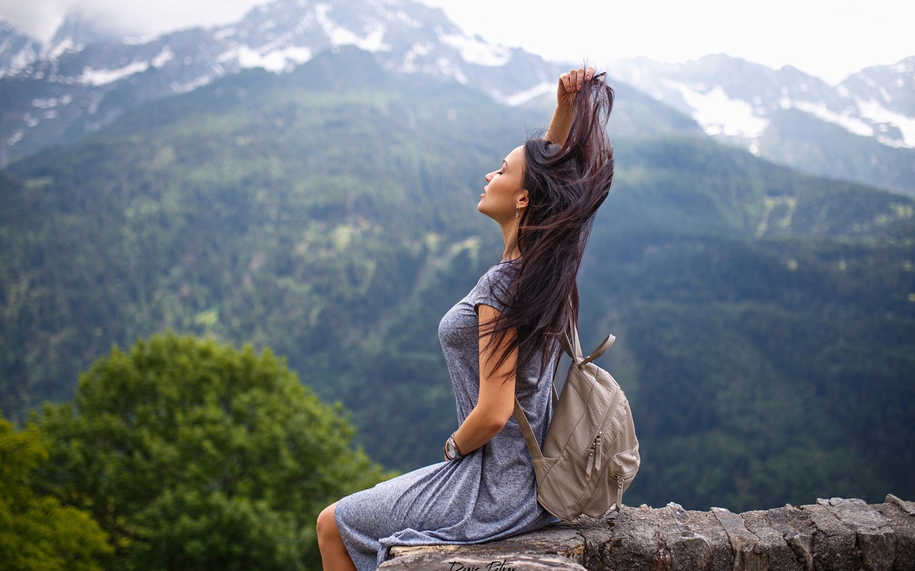 women, angelina petrova, model, dress, denis petrov, sitting, women outdoors, closed eyes, depth of field, mountains