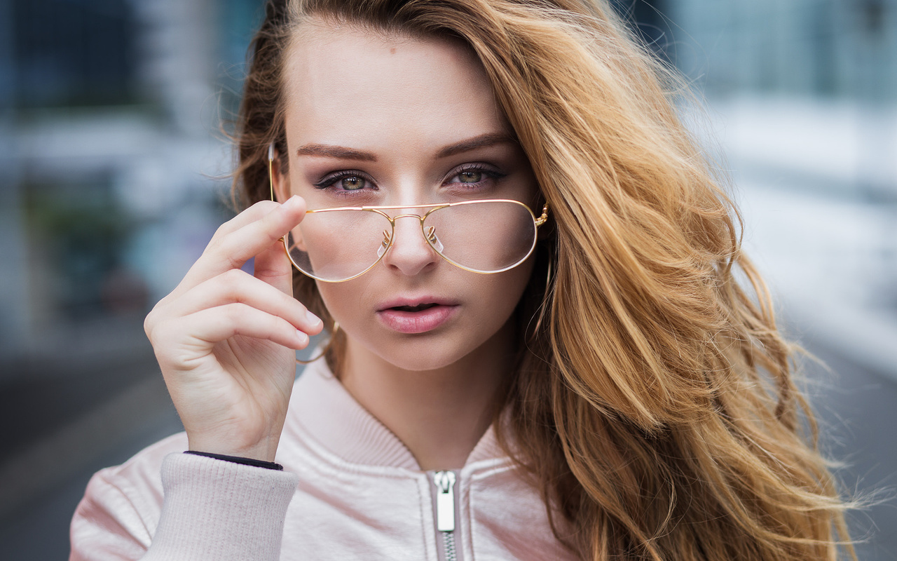 women, blonde, face, depth of field, women with glasses, sweater