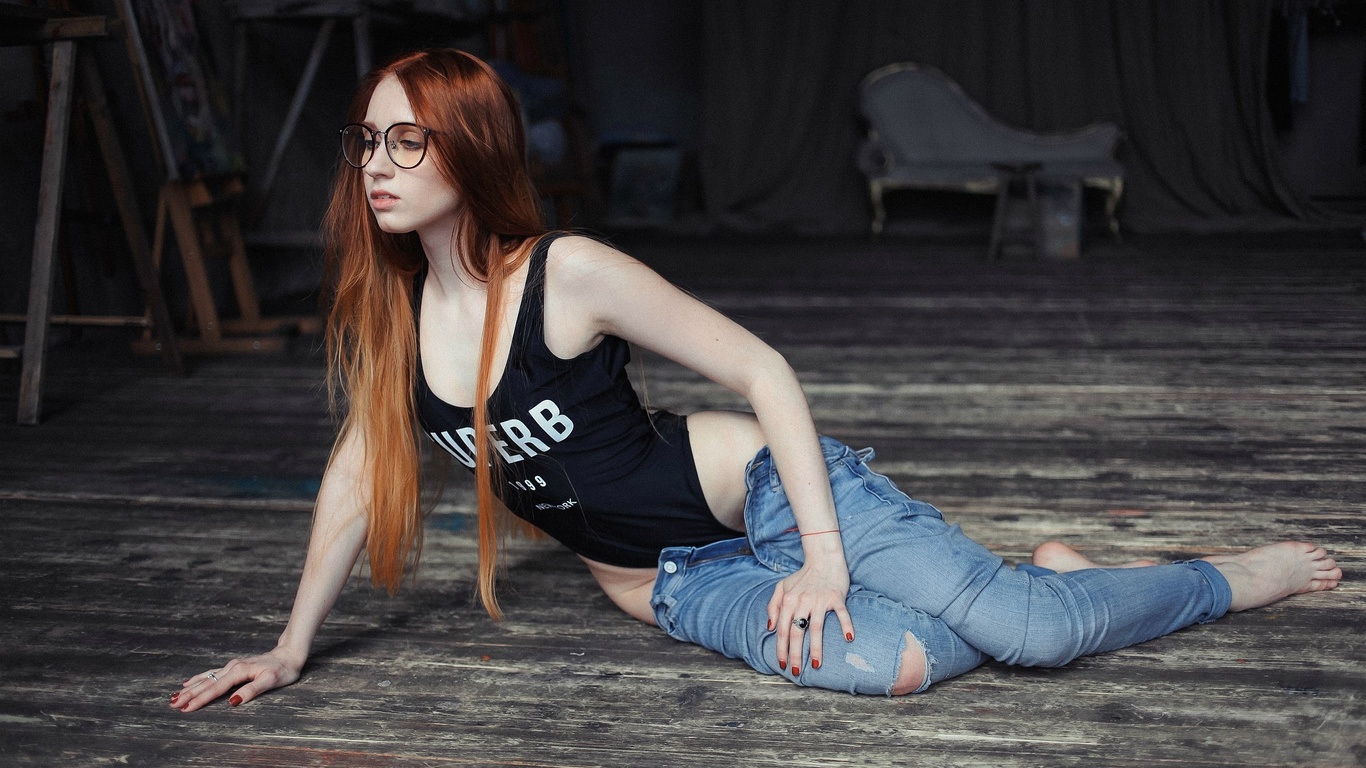 women, redhead, one-piece swimsuit, monokinis, women with glasses, on the floor, red nails, long hair, pants, torn jeans, pants down, hips