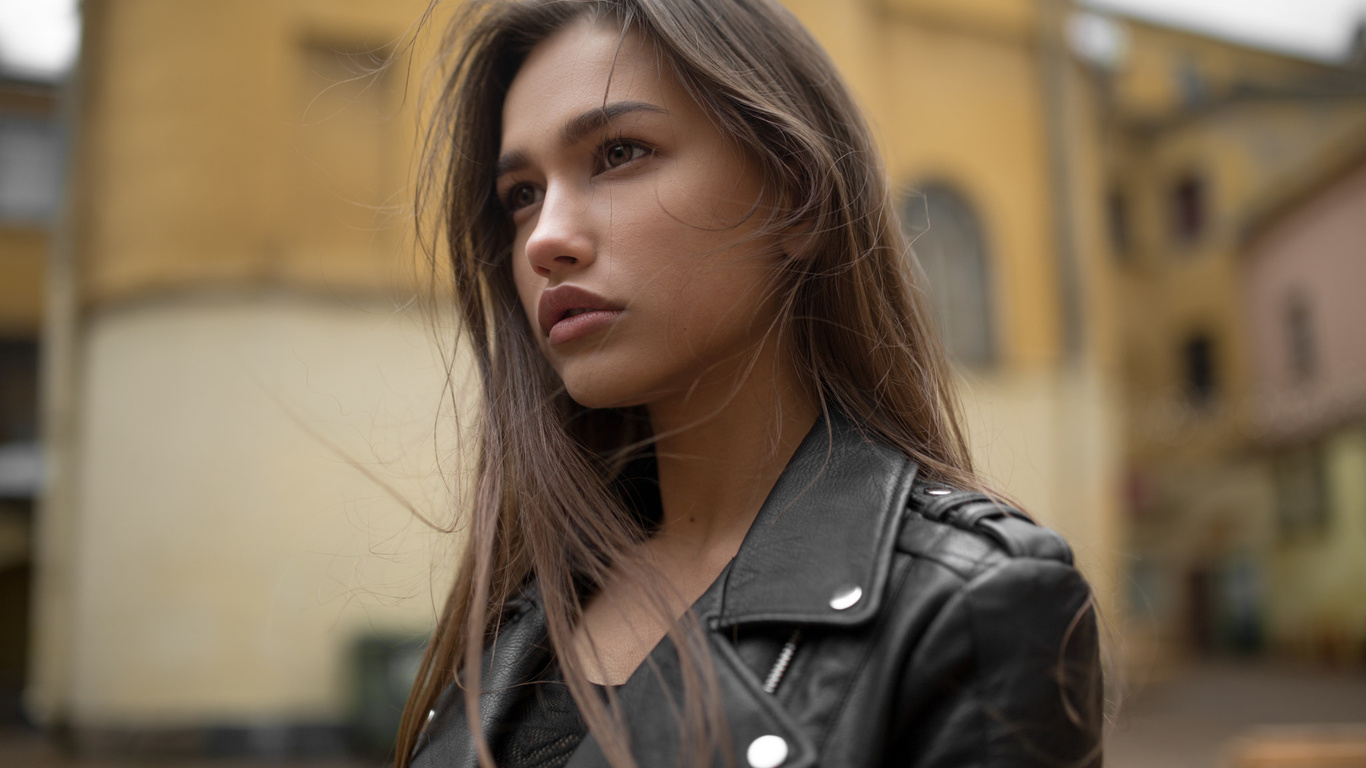 anastasia lis, women, portrait, leather jackets, depth of field, 