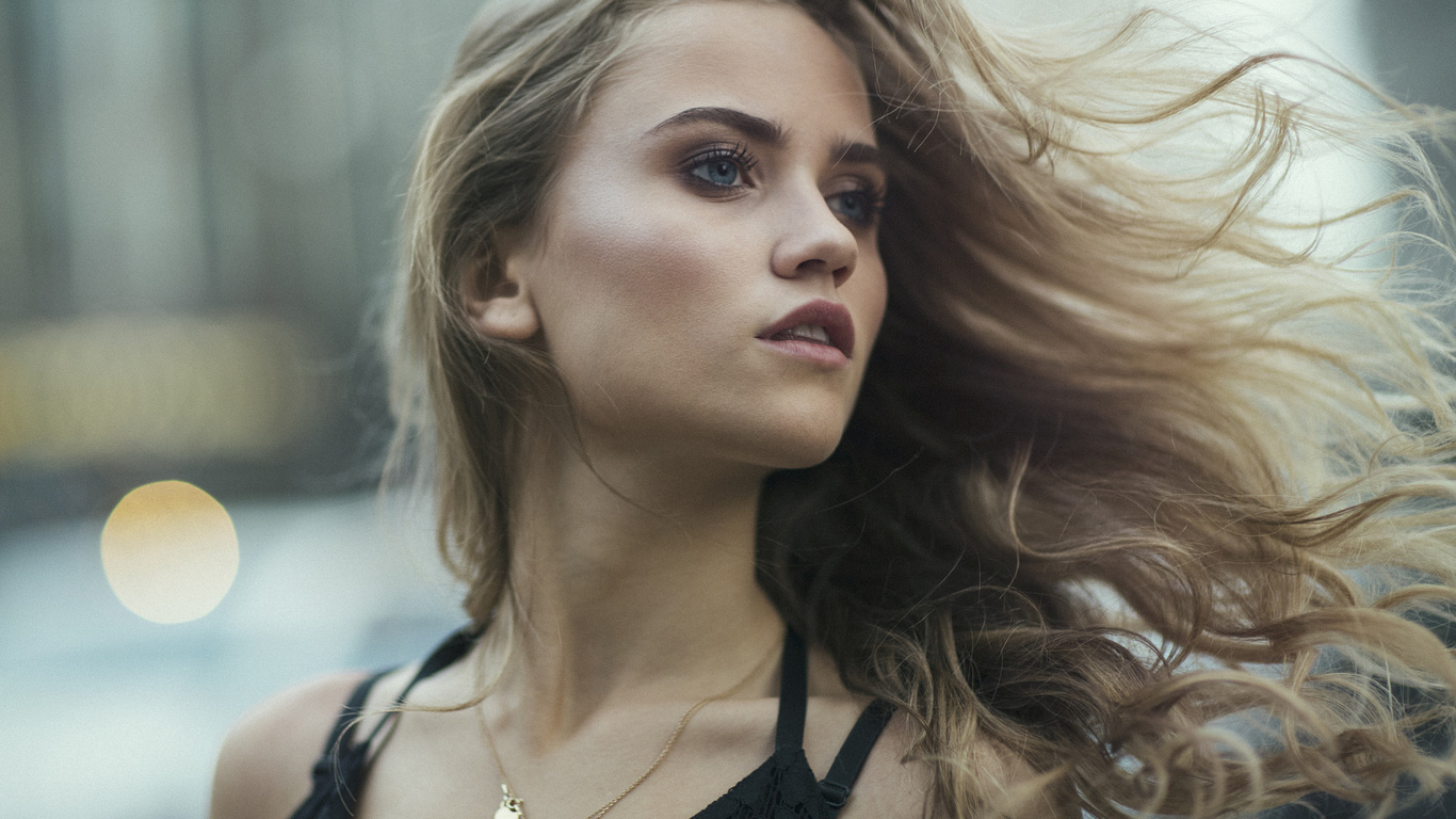 women, blonde, portrait, necklace, depth of field, blue eyes