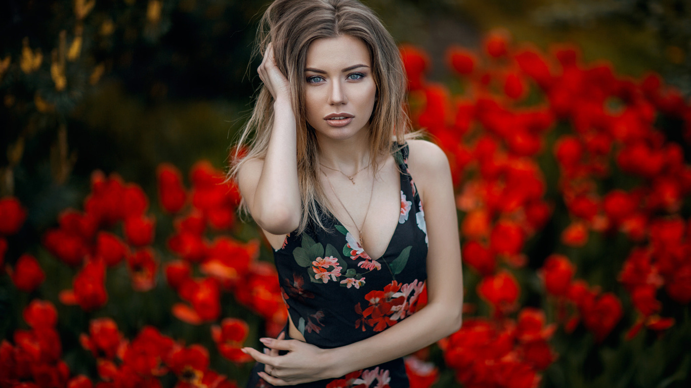 women, blonde, portrait, face, flowers