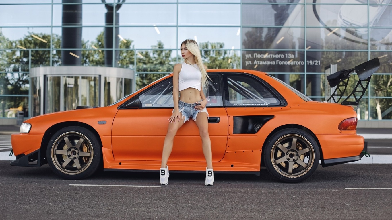 women, blonde, car, tanned, jean shorts, sneakers, looking away, belly