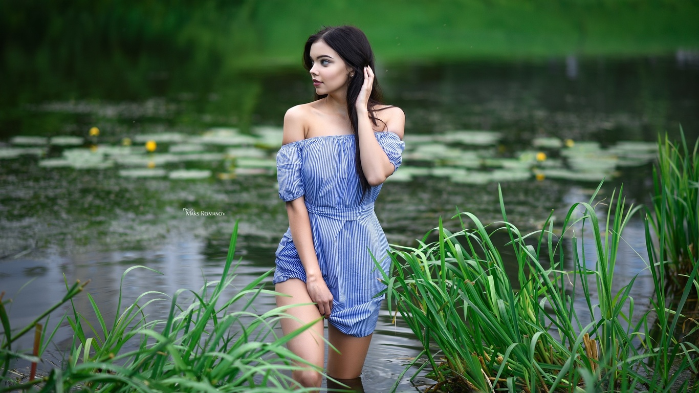 women, maksim romanov, portrait, dress, depth of field, water, women outdoors