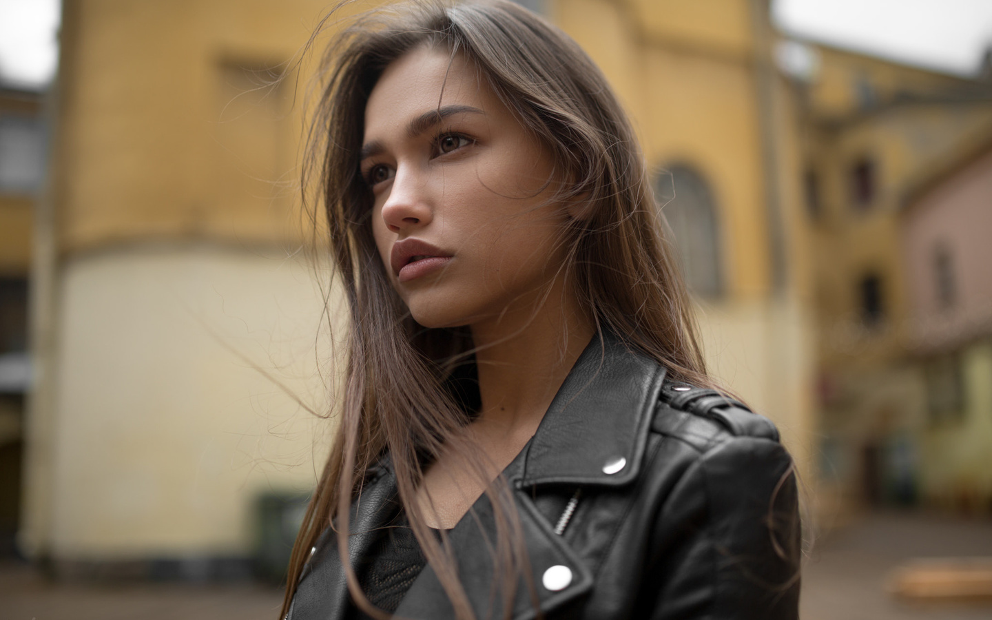 anastasia lis, women, portrait, leather jackets, depth of field, 