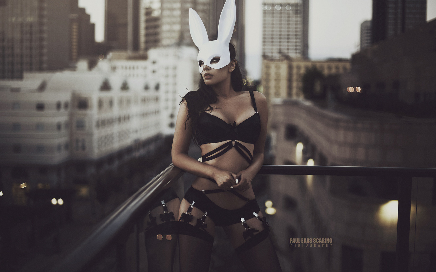 laura diosa giraldo, women, tanned, black lingerie, paul egas scarino, balcony, mask, black stockings, depth of field, city, women outdoors, looking away