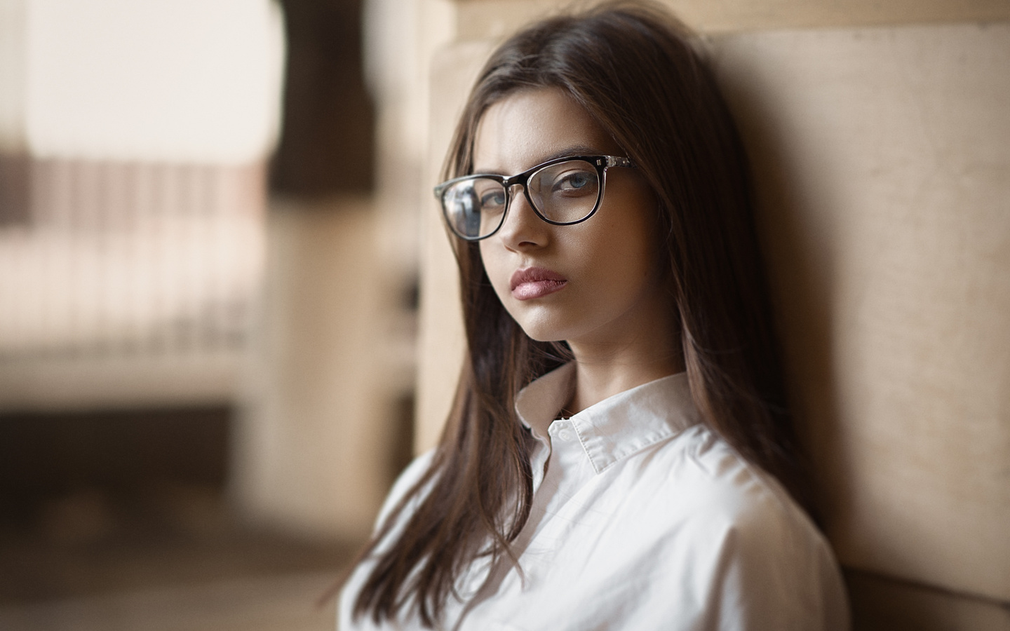 women, portrait, women with glasses, depth of field, shirt, face, blue eyes