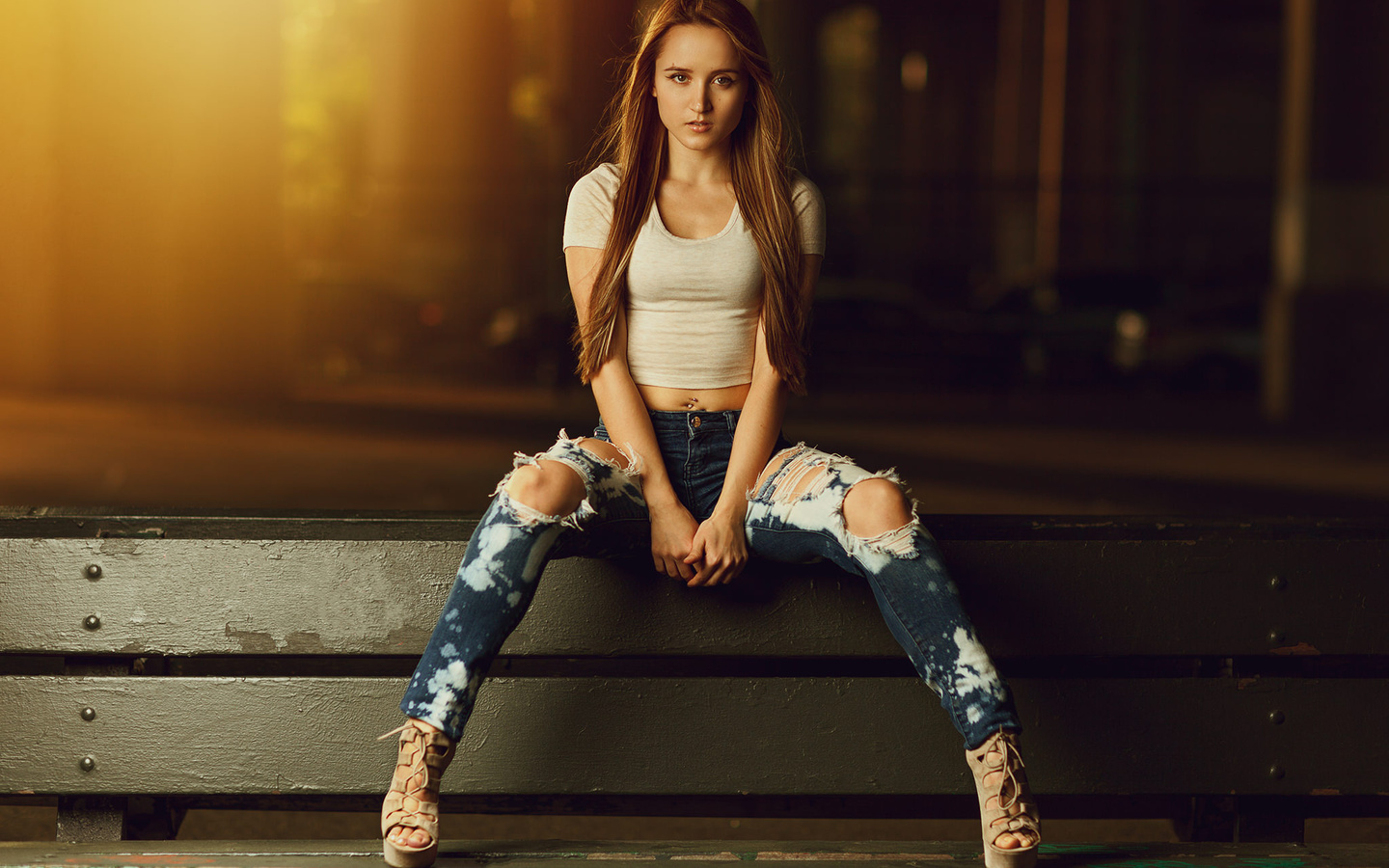 women, sitting, portrait, pierced navel, depth of field, jeans, torn jeans, high heels, long hair, bench