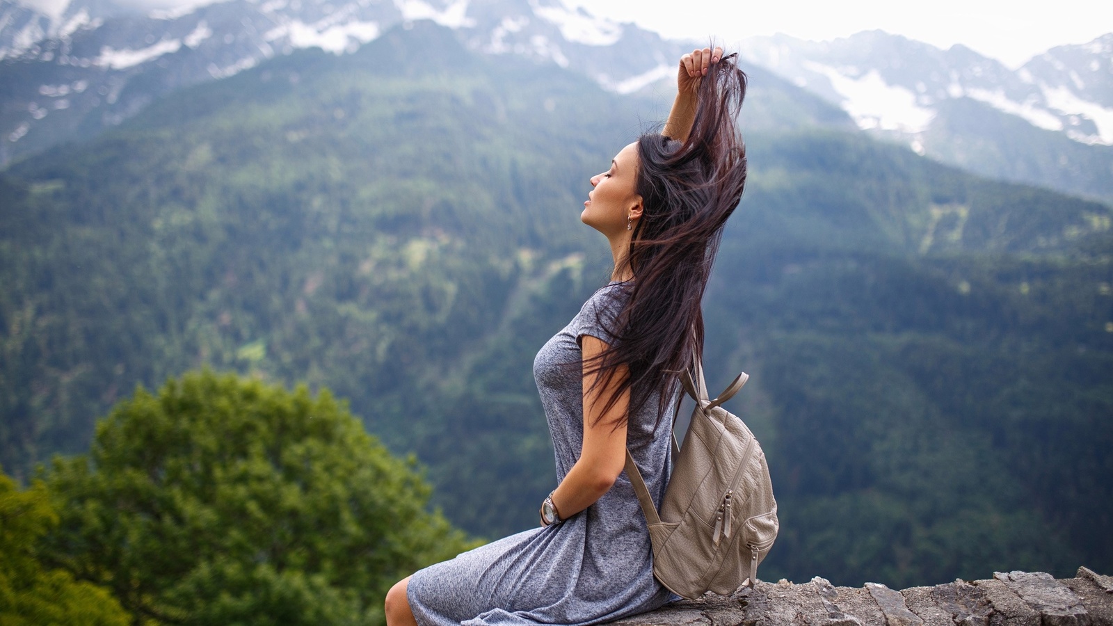 women, angelina petrova, model, dress, denis petrov, sitting, women outdoors, closed eyes, depth of field, mountains