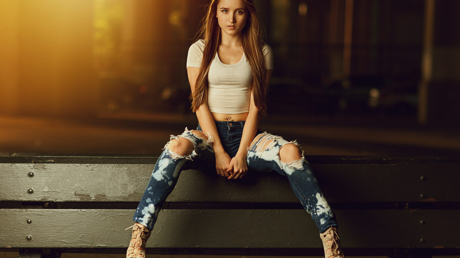 women, sitting, portrait, pierced navel, depth of field, jeans, torn jeans, high heels, long hair, bench