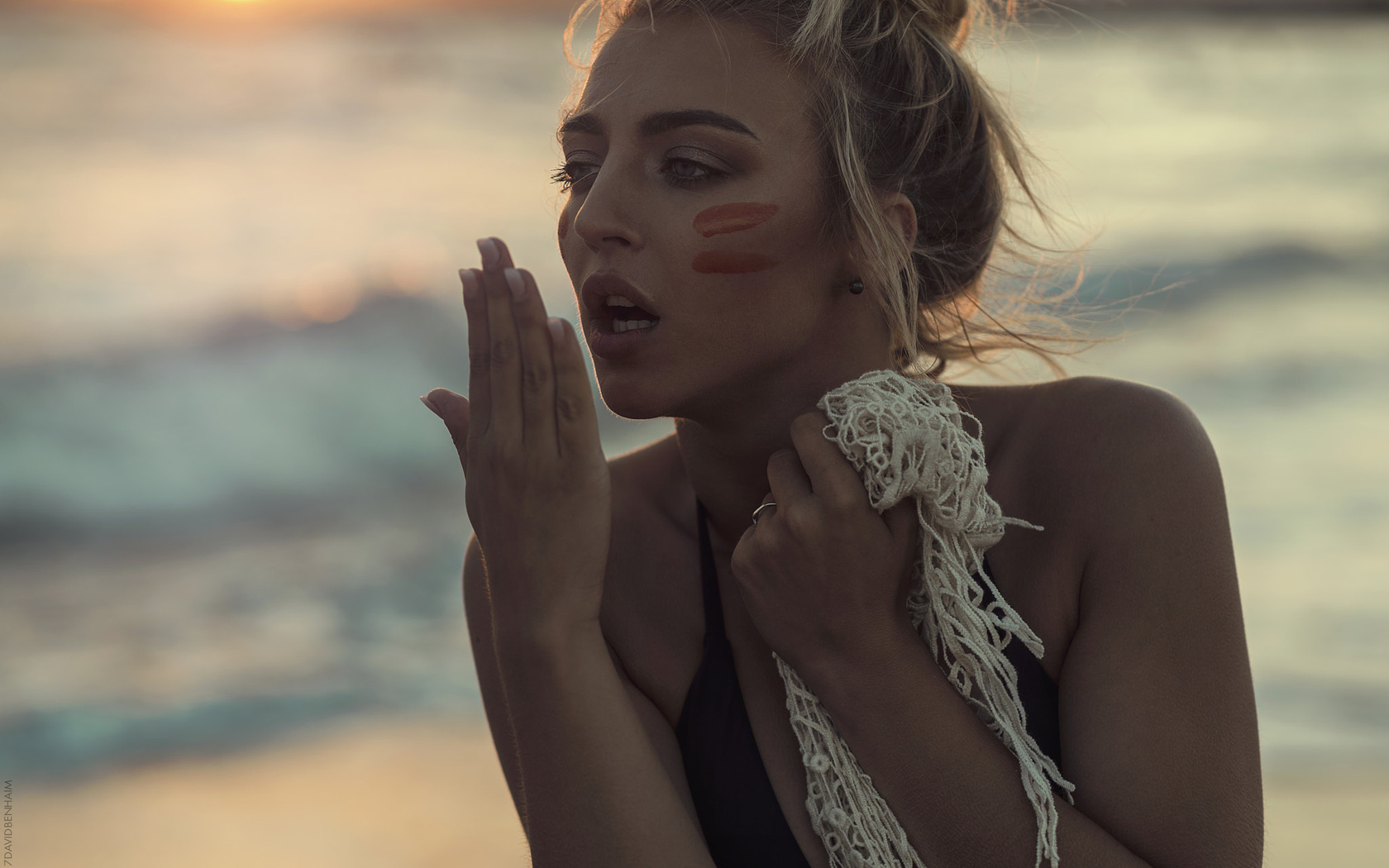 lea benattia, women, david ben haim, portrait, blonde, sea, looking away, depth of field, women outdoors, bikini top, open mouth, sunset, tanned