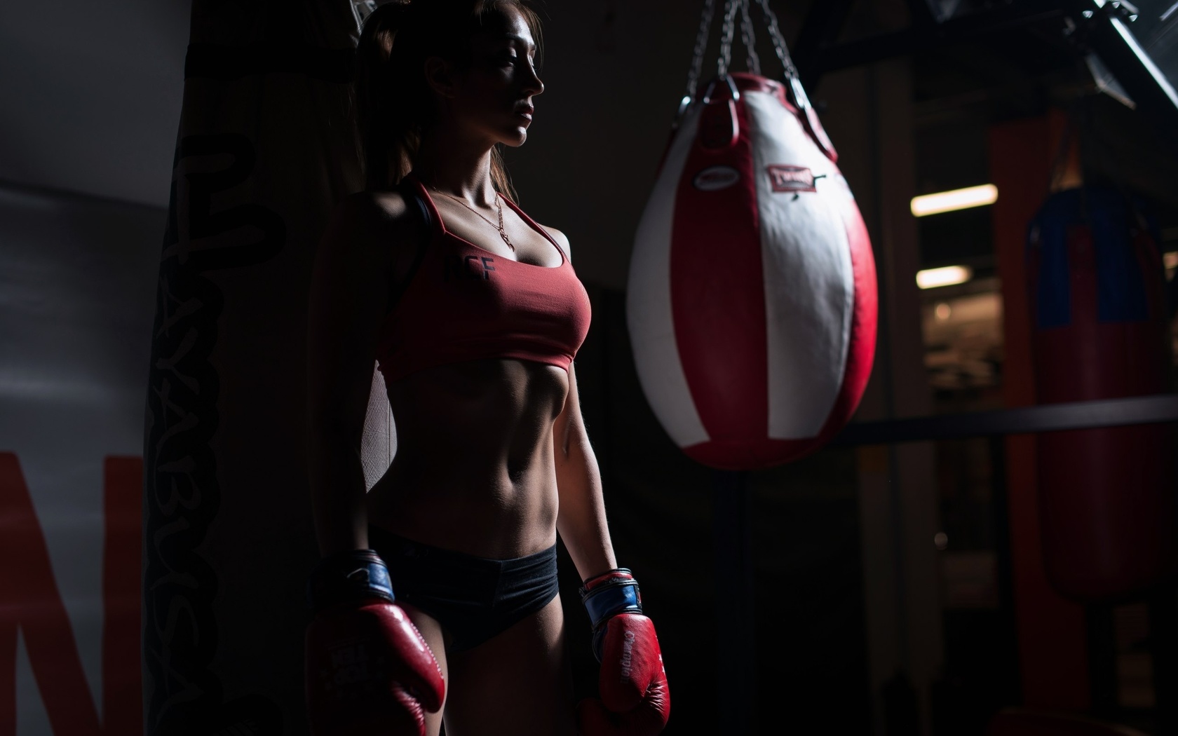 women, sportswear, belly, boxing gloves, tanned, gyms, necklace, looking away