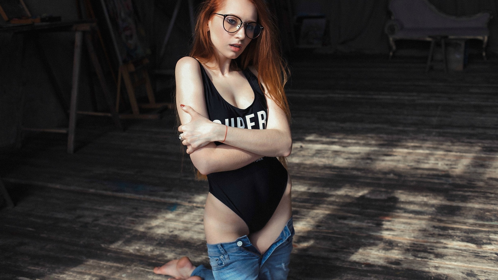 women, redhead, one-piece swimsuit, monokinis, women with glasses, on the floor, kneeling, red nails, pants, jeans, pants down, arms crossed, hips, portrait