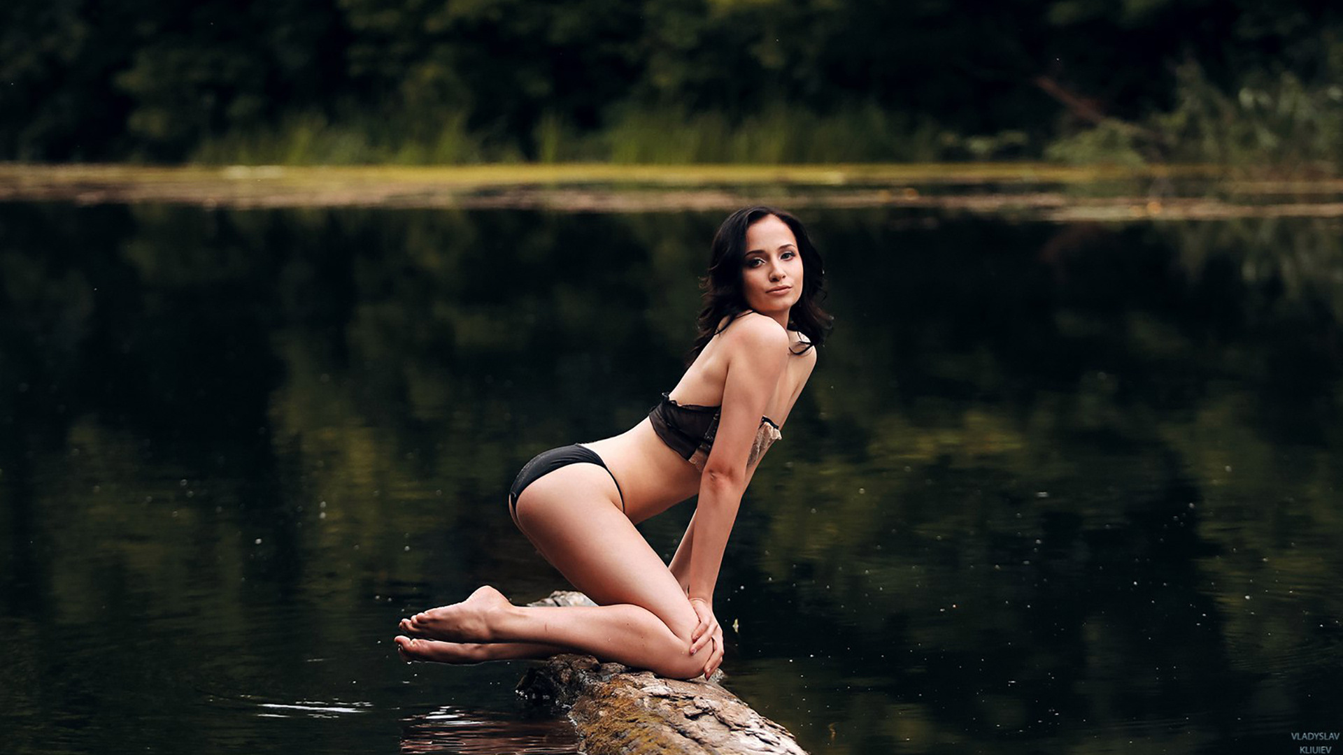 women, portrait, tanned, black lingerie, ass, kneeling, river, women outdoors