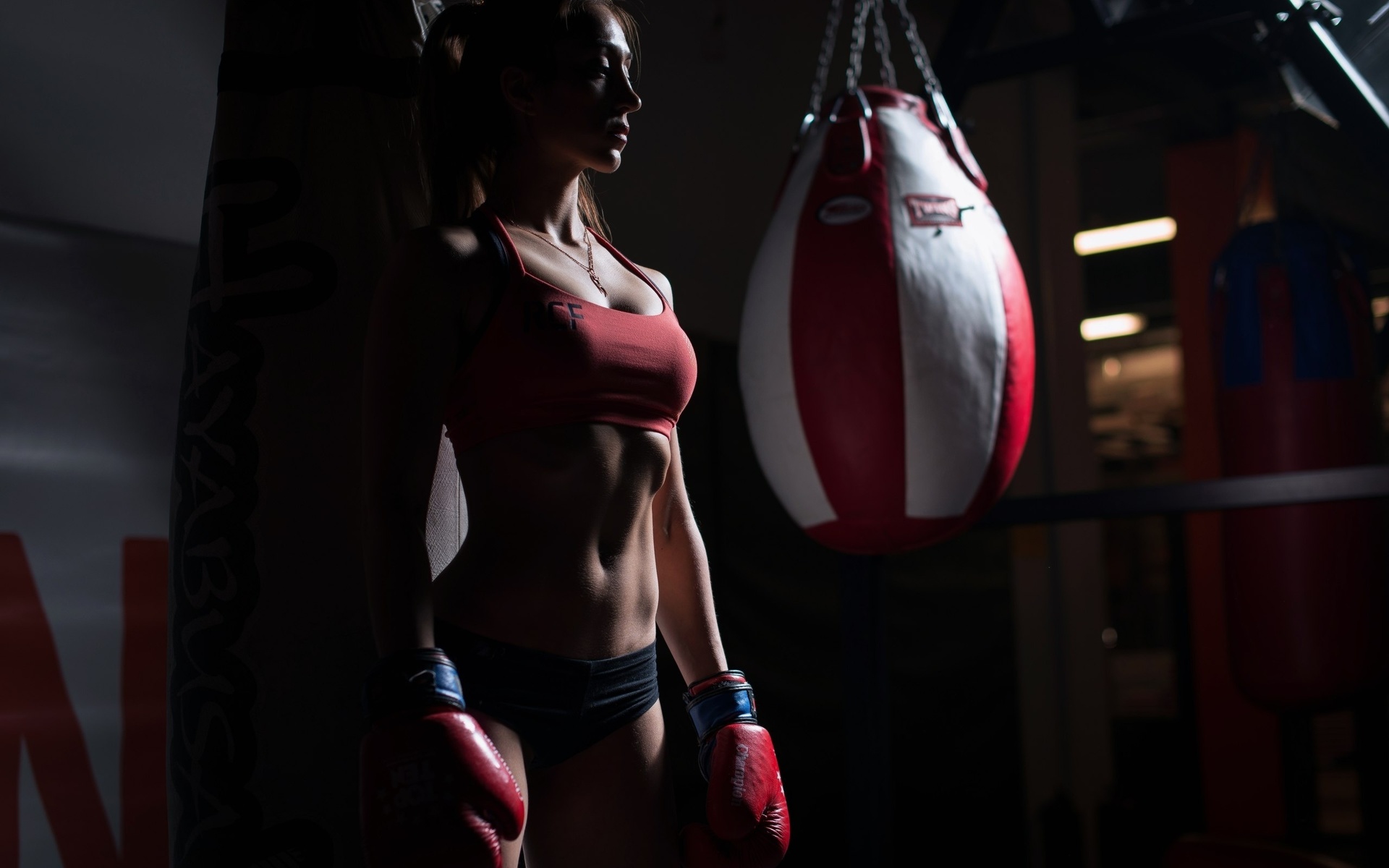 women, sportswear, belly, boxing gloves, tanned, gyms, necklace, looking away