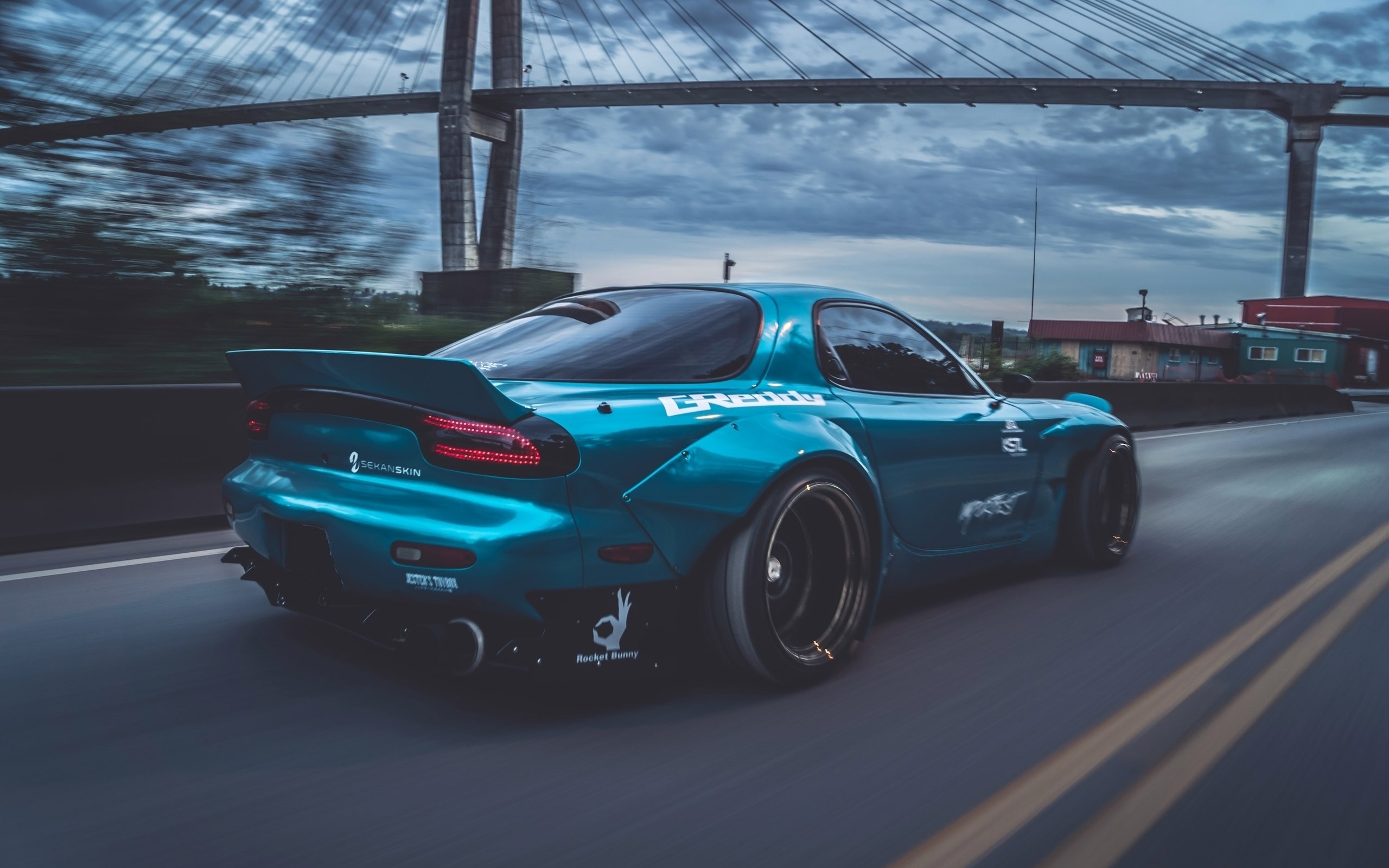 mazda, rx-7, blue, cars, bridge, rocket bunny