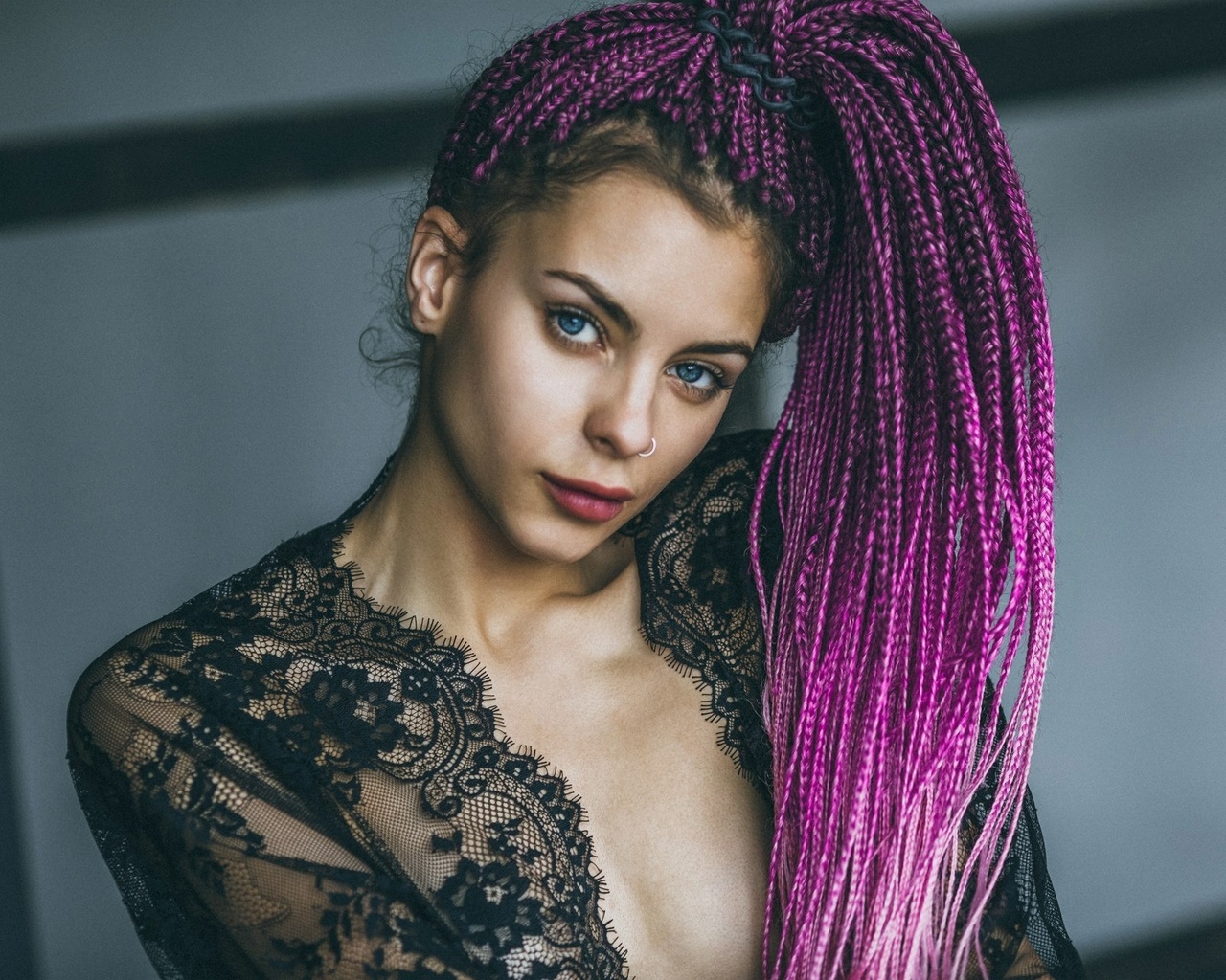 women, fishnet stockings, tanned, dyed hair, dreadlocks, face, blue eyes, nose rings, portrait