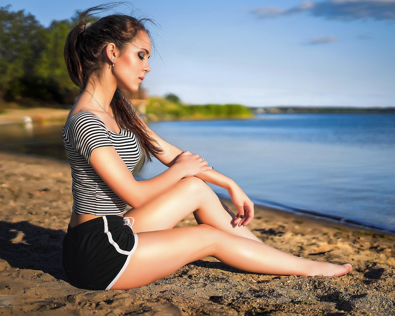 women, tanned, sitting, shorts, short shorts, sand, sea, women outdoors, 