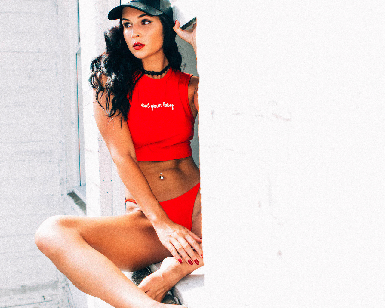 women, tanned, red panties, belly, t-shirt, baseball caps, pierced navel, red nails, choker, sitting, red lipstick