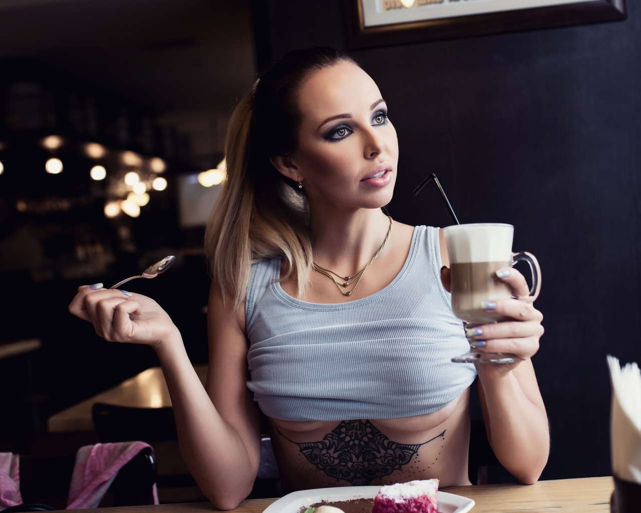 women, boobs, sitting, cup, looking away, underboob, portrait, tattoo, necklace