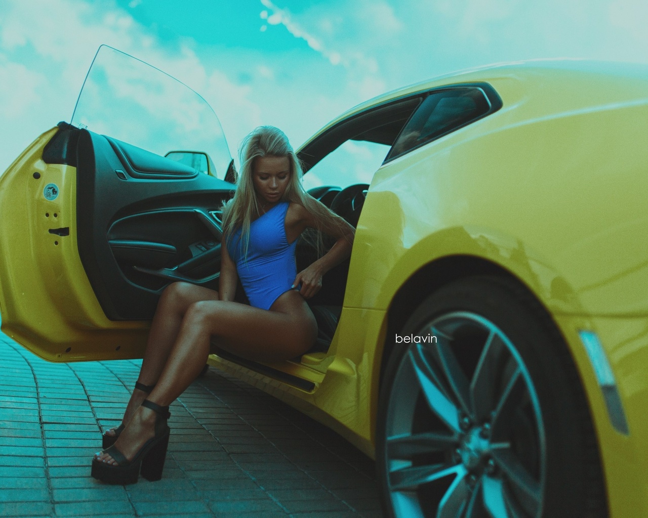 women, alexander belavin, tanned, women with cars, sitting, blonde, one-piece swimsuit