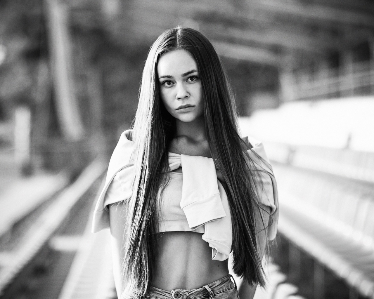 women, portrait, monochrome, jean shorts, long hair, depth of field