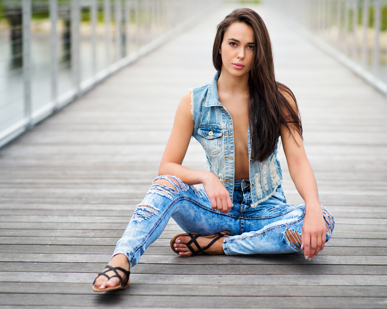 denim, sitting, pants, jeans, sandals, portrait, women