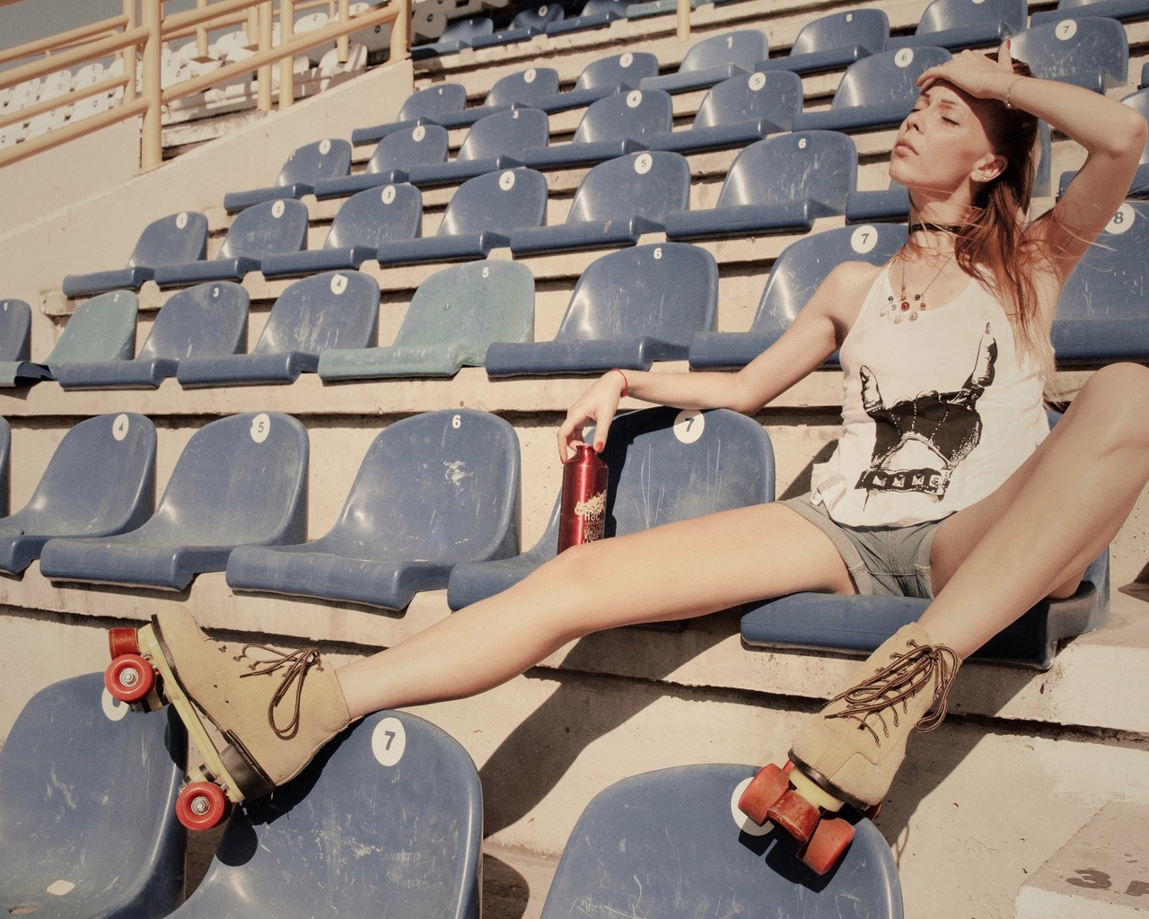 women, blonde, rollerskates, sitting, jean shorts, t-shirt, women outdoors, closed eyes, choker, necklace, stadium