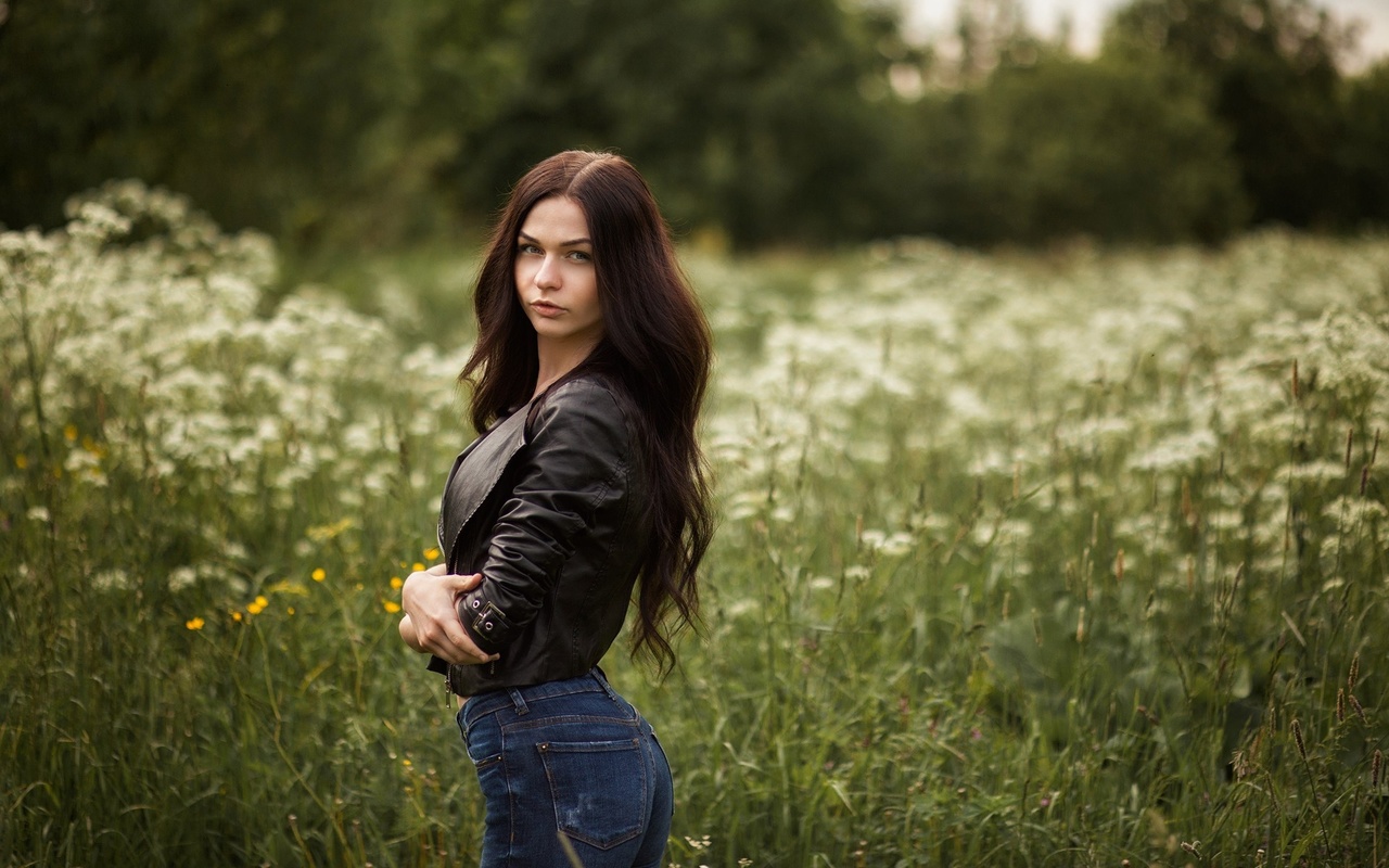 women, portrait, pants, leather jackets, jeans, women outdoors, 